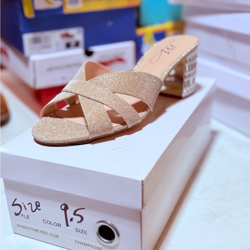 Champagne Rhinestone Heel Slide Sandals